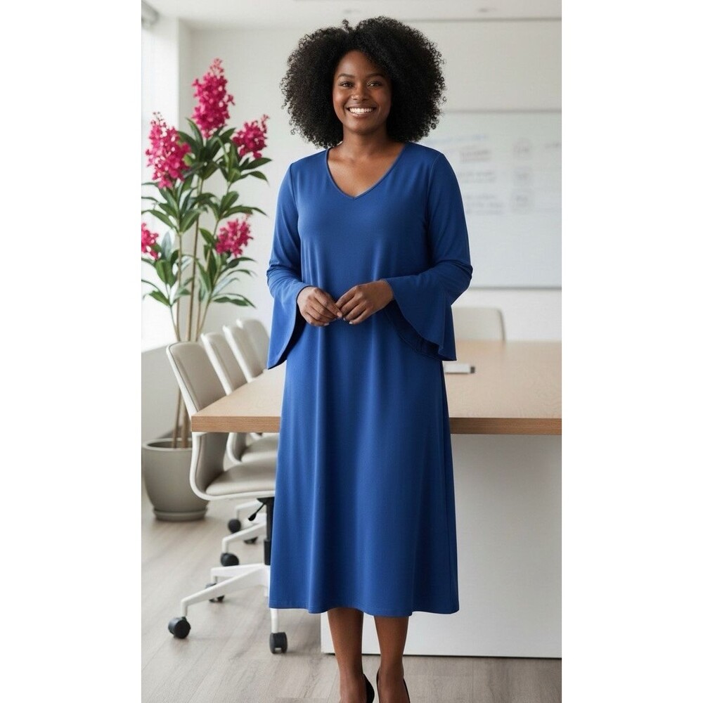 Susan Graver NEW womens royal blue bell sleeve v-neck sophisticated dress Large